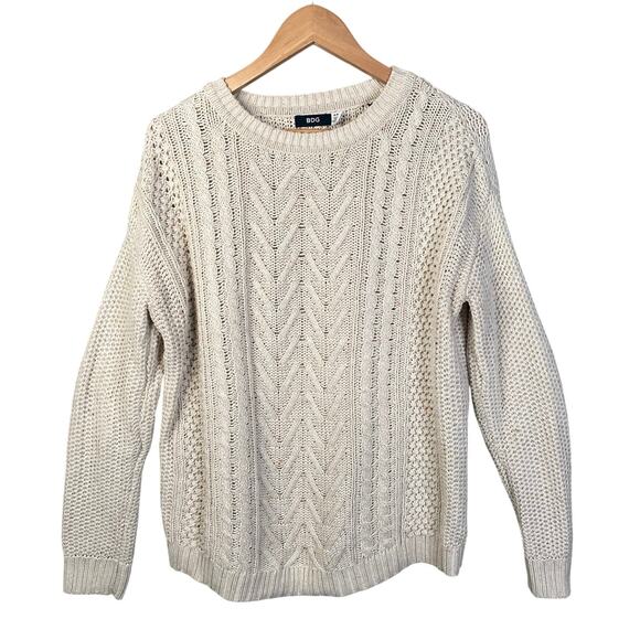 BDG Urban Outfitters Cream Cable Knit Elbow Patch Fisherman Sweater Size Medium - Picture 1 of 12